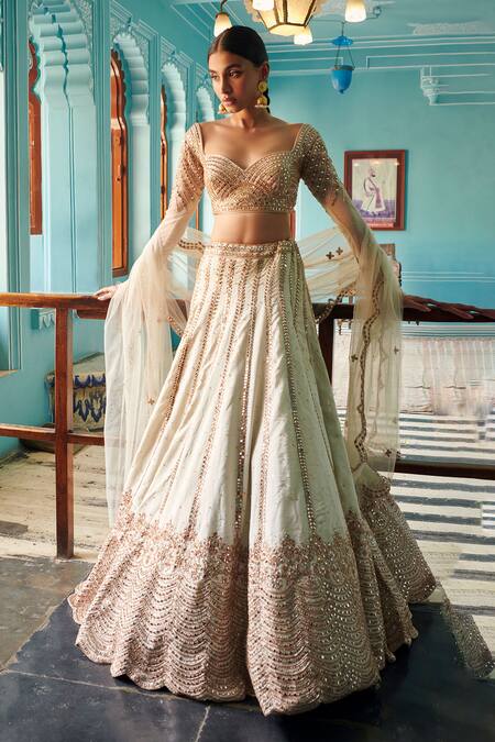 Jigar & Nikita_Off White Habutai Silk Gold Work Sweetheart Neck Embroidered Bridal Lehenga Set_Online_at_Aza_Fashions