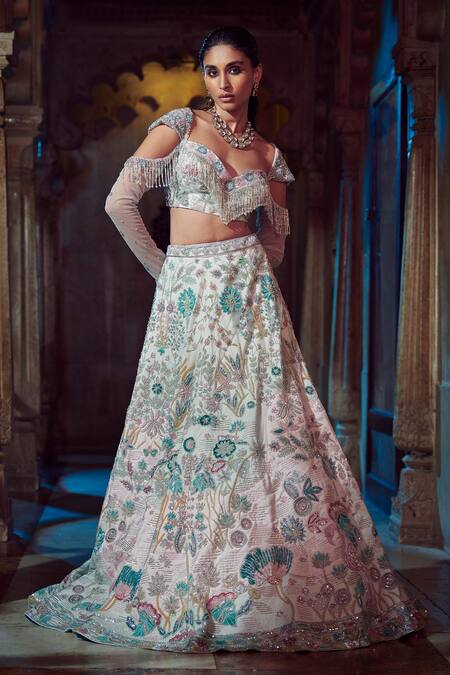 Buy_Jigar & Nikita_Ivory Net Floral Sweetheart Neck Embroidered Blouse And Bridal Lehenga Set _Online_at_Aza_Fashions