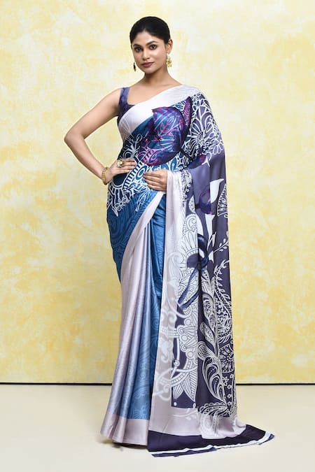 Nazaakat by Samara Singh Blue Satin Printed Digital Square Floral Paisley Saree With Blouse