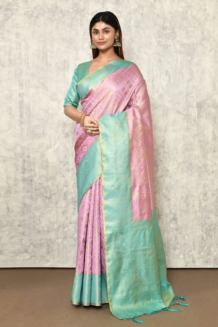 Nazaakat by Samara Singh Pink Silk Handwoven Patola And Vintage Pattern Plunged V Neck Saree & Blouse Set