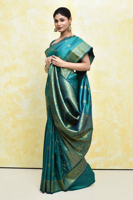 Nazaakat By Samara Singh_Green Silk Floral Square Flowery Woven Saree With Blouse_Online_at_Aza_Fashions