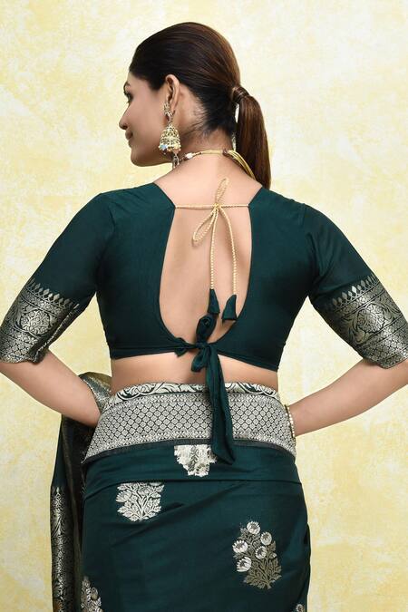 Shop_Samyukta Singhania_Green Georgette Embroidery V-neck Floral Butti Pattern Saree With Blouse_Online_at_Aza_Fashions