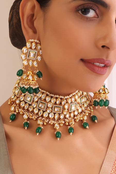 Buy Swabhimann Green Stones Kundan Embellished Choker Necklace Set Online at Aza Fashions Buy_Swabhimann_Green Stones Kundan Embellished Choker Necklace Set _Online_at_Aza_Fashions