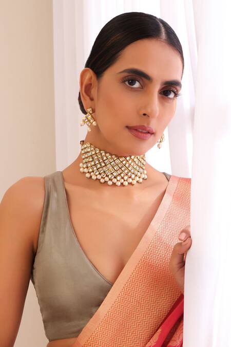 Buy Swabhimann Gold Plated Diamonds, Stones Kundan Work Choker Necklace Set Online at Aza Fashions Buy_Swabhimann_Gold Plated Diamonds, Stones Kundan Work Choker Necklace Set _Online_at_Aza_Fashions