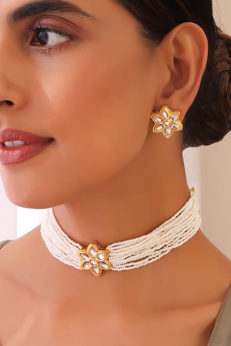 Swabhimann_White Pearls, Stones Kundan And Embellished Choker Necklace Set _Online_at_Aza_Fashions