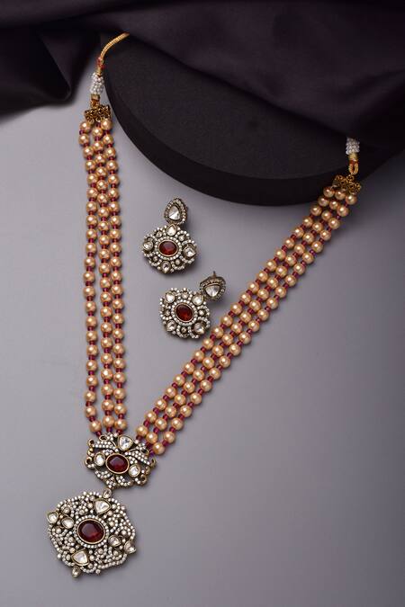 Swabhimann_Red Diamonds, Stones Victorian Polki Embellished Long Pendant Necklace Set_Online_at_Aza_Fashions