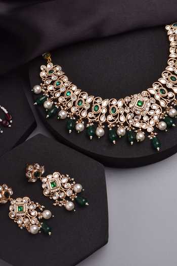 Swabhimann_Green Stones Polki And Embellished Choker Necklace Set _Online_at_Aza_Fashions