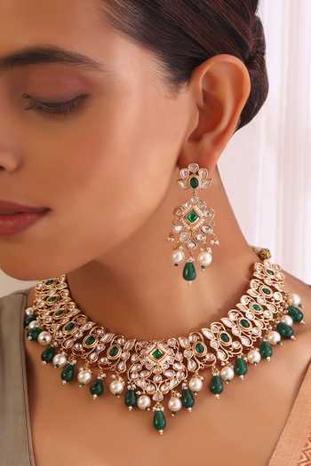 Buy_Swabhimann_Green Stones Polki And Embellished Choker Necklace Set _Online_at_Aza_Fashions