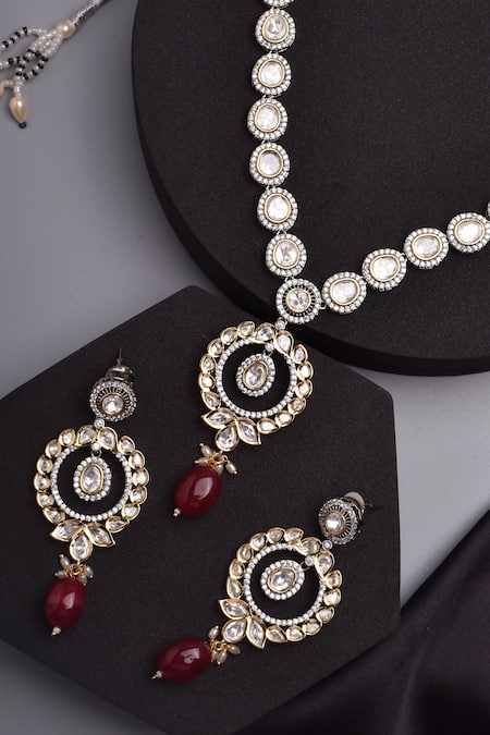 Swabhimann_Red Stones, Diamonds Polki Embellished Pendant Necklace Set _Online_at_Aza_Fashions