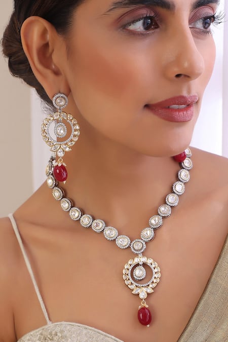 Buy_Swabhimann_Red Stones, Diamonds Polki Embellished Pendant Necklace Set _Online_at_Aza_Fashions