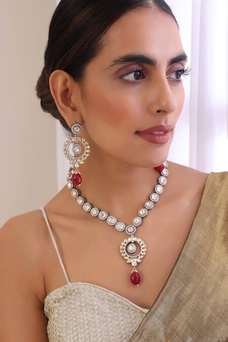 Shop_Swabhimann_Red Stones, Diamonds Polki Embellished Pendant Necklace Set _Online_at_Aza_Fashions