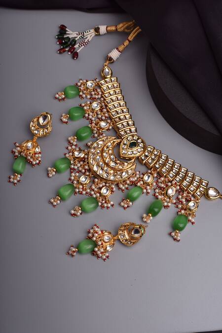 Swabhimann_Green Stones Work Choker Necklace Set _Online_at_Aza_Fashions
