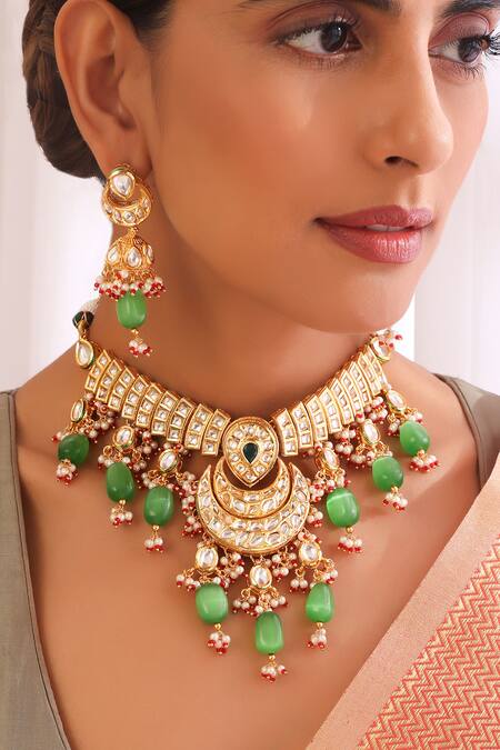 Buy Swabhimann Green Stones Work Choker Necklace Set Online at Aza Fashions Buy_Swabhimann_Green Stones Work Choker Necklace Set _Online_at_Aza_Fashions