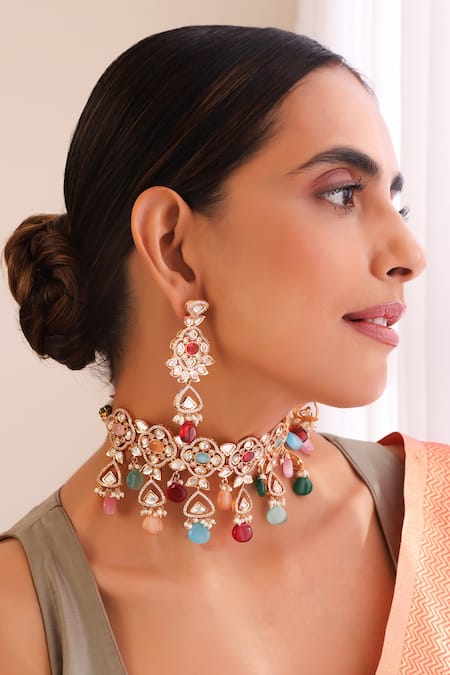 Buy_Swabhimann_Multi Color Stones, Diamonds And Polki Embellished Choker Necklace Set _Online_at_Aza_Fashions