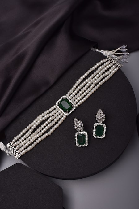 Shop_Swabhimann_Emerald Green Pearls, Stones And Embellished Choker Necklace Set _at_Aza_Fashions