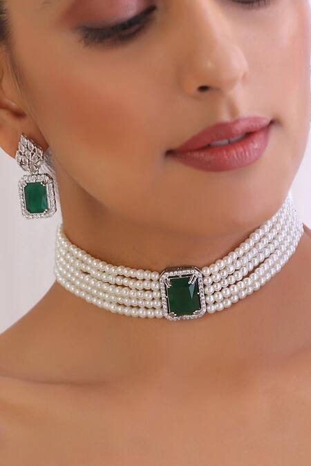 Buy Swabhimann Emerald Green Pearls, Stones And Embellished Choker Necklace Set Online at Aza Fashions Buy_Swabhimann_Emerald Green Pearls, Stones And Embellished Choker Necklace Set _Online_at_Aza_Fashions