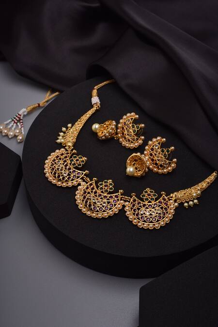 Swabhimann_Red Stones Crescent Embellished Necklace Set_Online_at_Aza_Fashions