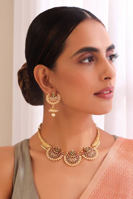 Buy_Swabhimann_Red Stones Crescent Embellished Necklace Set_Online_at_Aza_Fashions