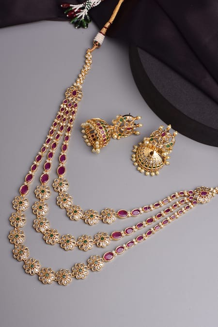 Swabhimann_Red Diamonds, Stones Jadau Kundan Embellished Layered Necklace Set _Online_at_Aza_Fashions
