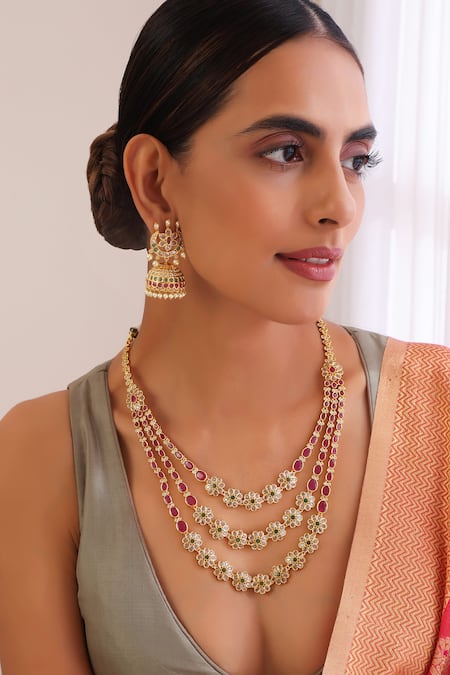 Shop Swabhimann Red Diamonds, Stones Jadau Kundan Embellished Layered Necklace Set Online at Aza Fashions Shop_Swabhimann_Red Diamonds, Stones Jadau Kundan Embellished Layered Necklace Set _Online_at_Aza_Fashions