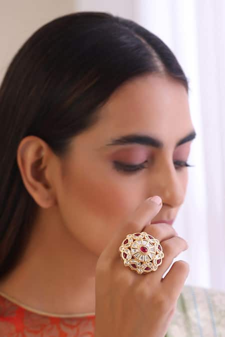 Shop Swabhimann Red Imitation Diamonds Kundan Embellished Ring at Aza Fashions Shop_Swabhimann_Red Imitation Diamonds Kundan Embellished Ring _at_Aza_Fashions