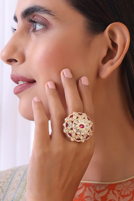 Swabhimann Red Imitation Diamonds Kundan Embellished Ring Online at Aza Fashions Swabhimann_Red Imitation Diamonds Kundan Embellished Ring _Online_at_Aza_Fashions