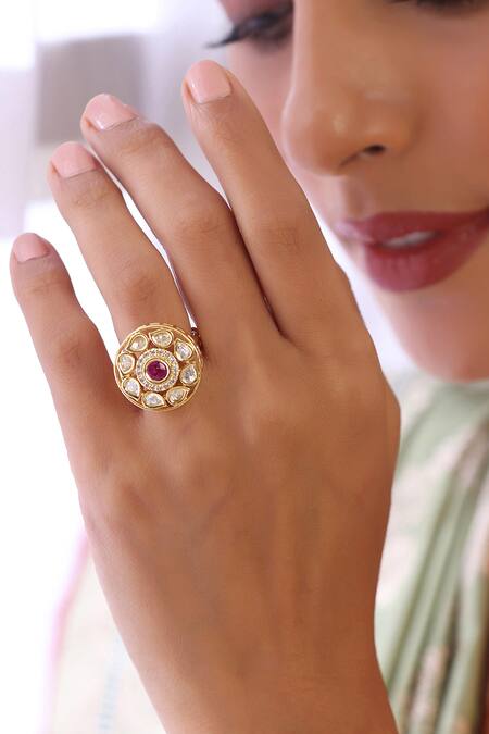 Swabhimann_Red Imitation Diamonds Kundan Embellished Circular Ring _Online_at_Aza_Fashions