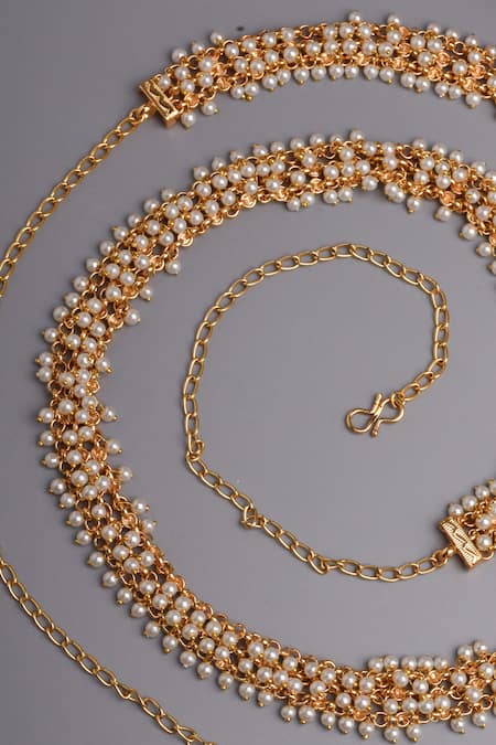 Swabhimann_White Pearl Embellished Waist Belt _Online_at_Aza_Fashions