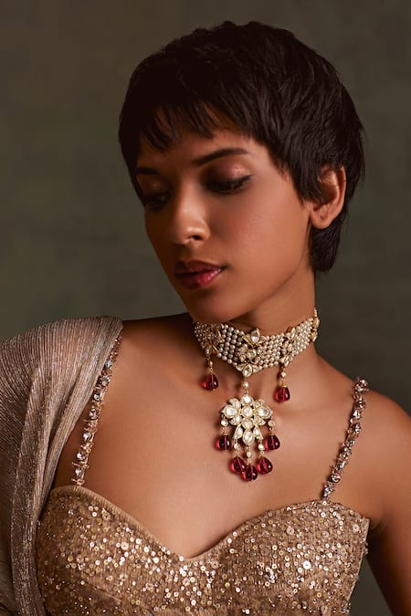 Tarun Tahiliani Swarovski Pearl Embellished Floral Choker 