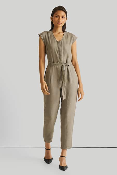 Reistor_Green Hemp, Tencel V-neck Evening Chai Jumpsuit _Online_at_Aza_Fashions