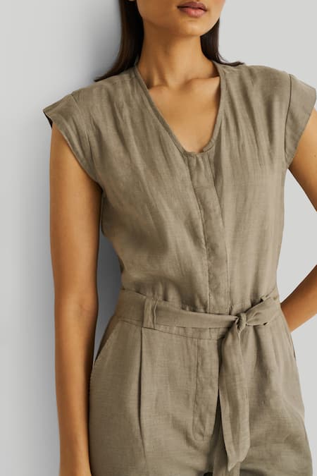 Buy_Reistor_Green Hemp, Tencel V-neck Evening Chai Jumpsuit _Online_at_Aza_Fashions
