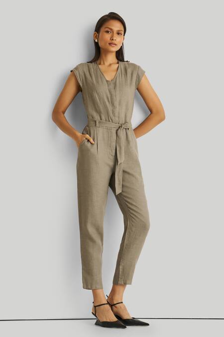 Shop_Reistor_Green Hemp, Tencel V-neck Evening Chai Jumpsuit _Online_at_Aza_Fashions