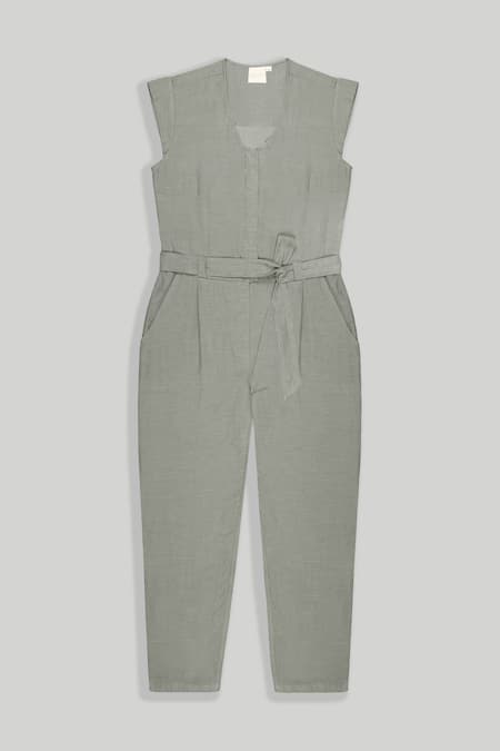 Reistor_Green Hemp, Tencel V-neck Evening Chai Jumpsuit _at_Aza_Fashions