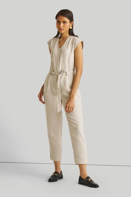 Reistor_Beige Hemp, Tencel V-neck Evening Chai Straight Jumpsuit _Online_at_Aza_Fashions