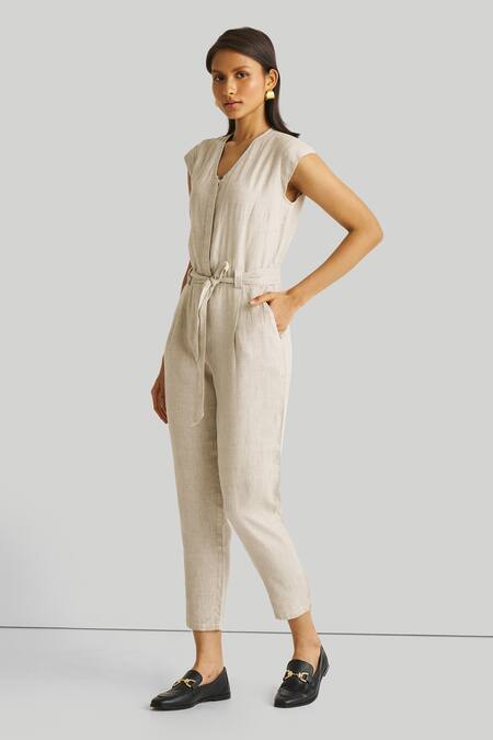 Buy_Reistor_Beige Hemp, Tencel V-neck Evening Chai Straight Jumpsuit _Online_at_Aza_Fashions