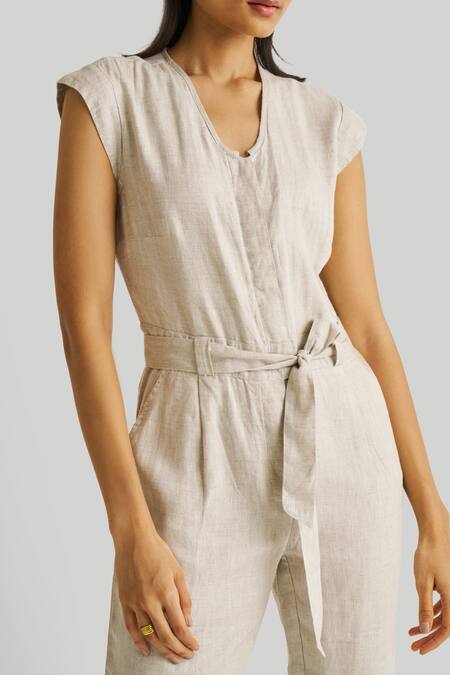 Shop_Reistor_Beige Hemp, Tencel V-neck Evening Chai Straight Jumpsuit _Online_at_Aza_Fashions