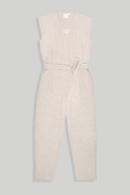 Buy_Reistor_Beige Hemp, Tencel V-neck Evening Chai Straight Jumpsuit 
