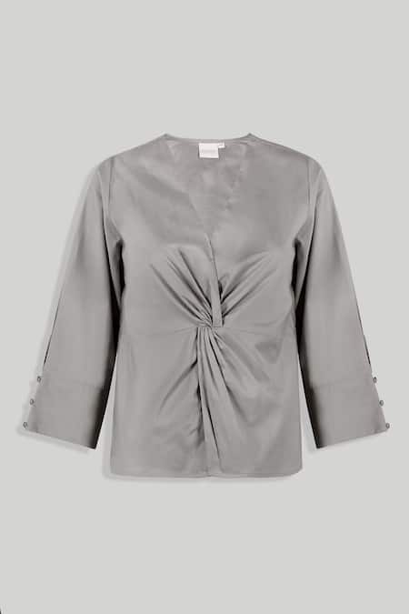 Buy Reistor Beige Cotton V-neck Organic Twisted Top Online at Aza Fashions Buy_Reistor_Beige Cotton V-neck Organic Twisted Top _Online_at_Aza_Fashions