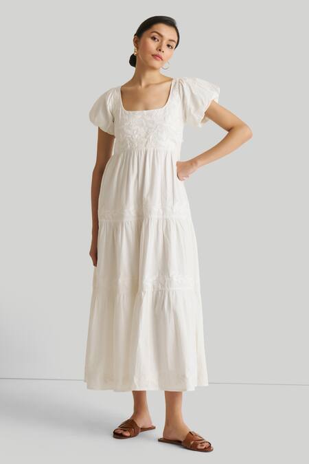 Reistor_White Cotton Embroidery Square Neck Organic Dress_Online_at_Aza_Fashions