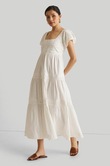 Buy_Reistor_White Cotton Embroidery Square Neck Organic Dress_Online_at_Aza_Fashions
