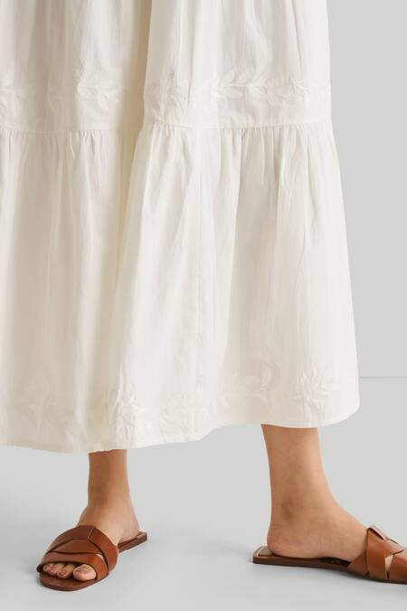 Reistor_White Cotton Embroidery Square Neck Organic Dress_at_Aza_Fashions