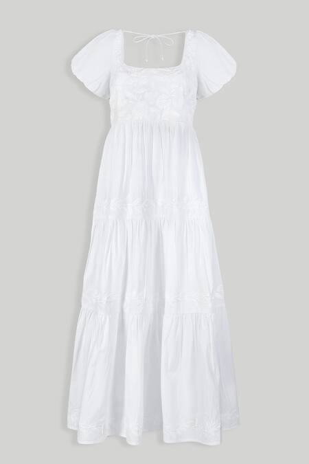 Buy_Reistor_White Cotton Embroidery Square Neck Organic Dress