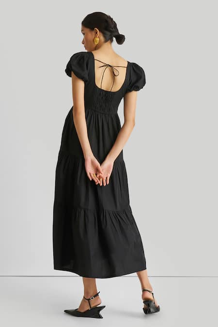 Shop Reistor Black Cotton Embroidery Square Neck Organic Puff Sleeve Dress at Aza Fashions Shop_Reistor_Black Cotton Embroidery Square Neck Organic Puff Sleeve Dress _at_Aza_Fashions