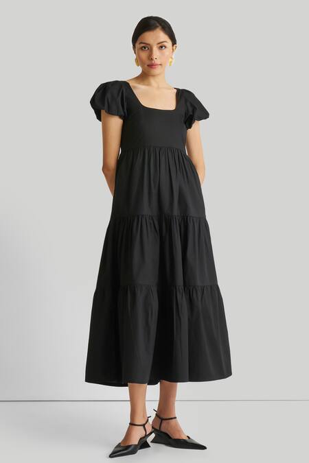 Reistor Black Cotton Embroidery Square Neck Organic Puff Sleeve Dress Online at Aza Fashions Reistor_Black Cotton Embroidery Square Neck Organic Puff Sleeve Dress _Online_at_Aza_Fashions