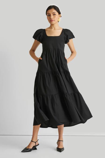 Shop Reistor Black Cotton Embroidery Square Neck Organic Puff Sleeve Dress Online at Aza Fashions Shop_Reistor_Black Cotton Embroidery Square Neck Organic Puff Sleeve Dress _Online_at_Aza_Fashions