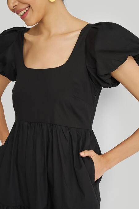Reistor Black Cotton Embroidery Square Neck Organic Puff Sleeve Dress at Aza Fashions Reistor_Black Cotton Embroidery Square Neck Organic Puff Sleeve Dress _at_Aza_Fashions