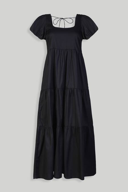 Buy Reistor Black Cotton Embroidery Square Neck Organic Puff Sleeve Dress Buy_Reistor_Black Cotton Embroidery Square Neck Organic Puff Sleeve Dress