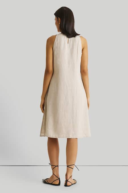 Shop Reistor Beige Hemp, Tencel V-neck V Midi Dress at Aza Fashions Shop_Reistor_Beige Hemp, Tencel V-neck V Midi Dress _at_Aza_Fashions