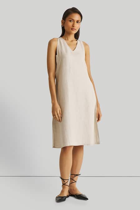 Reistor Beige Hemp, Tencel V-neck V Midi Dress Online at Aza Fashions Reistor_Beige Hemp, Tencel V-neck V Midi Dress _Online_at_Aza_Fashions