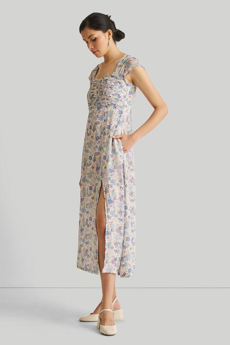 Reistor_White Crepe, Bamboo Sweetheart Neck Ruched Printed Dress_Online_at_Aza_Fashions